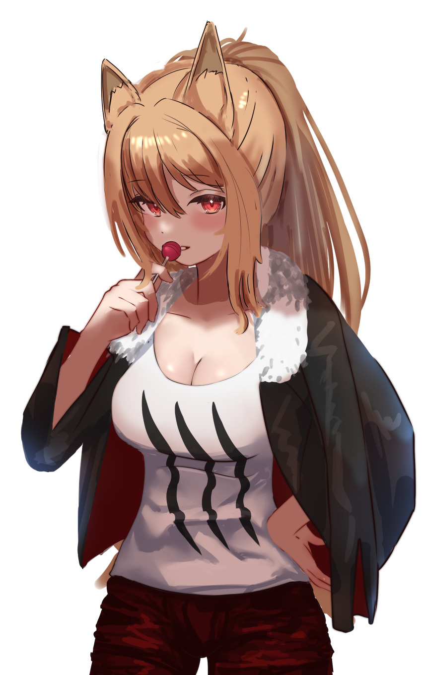 1girl absurdres animal_ears arknights binware black_jacket blush breasts brown_hair candy ceobe_(arknights) cleavage collarbone cosplay cowboy_shot dog_ears food fur-trimmed_jacket fur_trim hand_on_own_hip highres holding holding_food jacket jacket_on_shoulders large_breasts lollipop long_hair long_sleeves looking_at_viewer parted_lips ponytail red_eyes red_shorts shirt shorts sidelocks siege_(arknights) siege_(arknights)_(cosplay) smile solo white_shirt