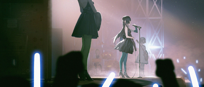 1311422471 4girls akiyama_mio aqua_pantyhose black_footwear black_hair commentary_request don&#039;t_say_&quot;lazy&quot; dress drum drum_set from_side green_pantyhose guitar high_heels hirasawa_yui ho-kago_tea_time holding holding_instrument holding_microphone instrument k-on! kotobuki_tsumugi long_hair microphone multiple_girls music pantyhose singing sitting sleeveless sleeveless_dress standing tainaka_ritsu white_dress wide_shot