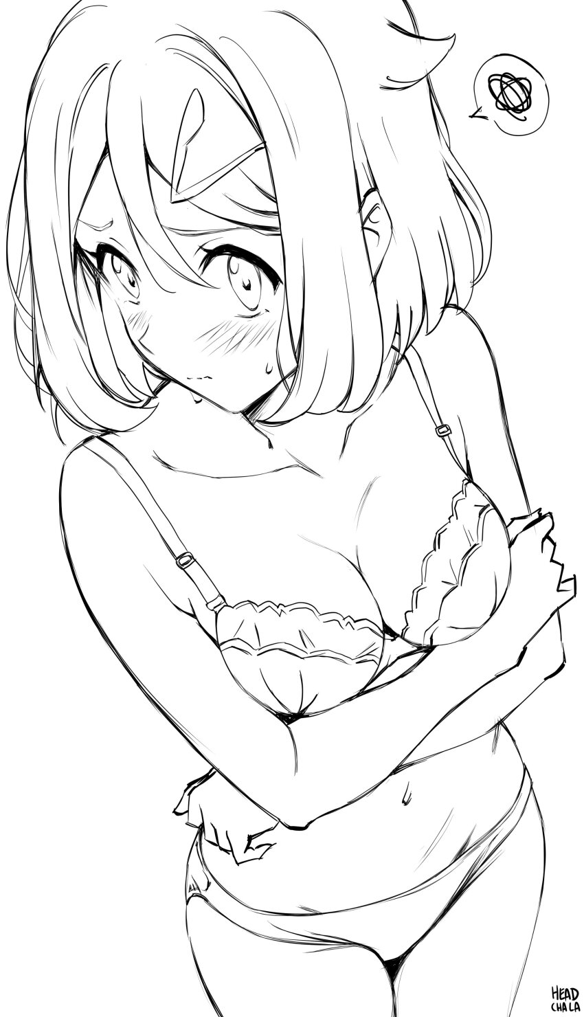 1girl absurdres artist_name blush bra breast_lift commentary cowboy_shot crossed_arms english_commentary furrowed_brow hair_ornament hairclip head_cha_la high_contrast highres liko_(pokemon) lineart looking_at_viewer monochrome nintendo panties pokemon pokemon_(anime) pokemon_horizons simple_background solo speech_bubble sweat thighs underwear underwear_only white_background