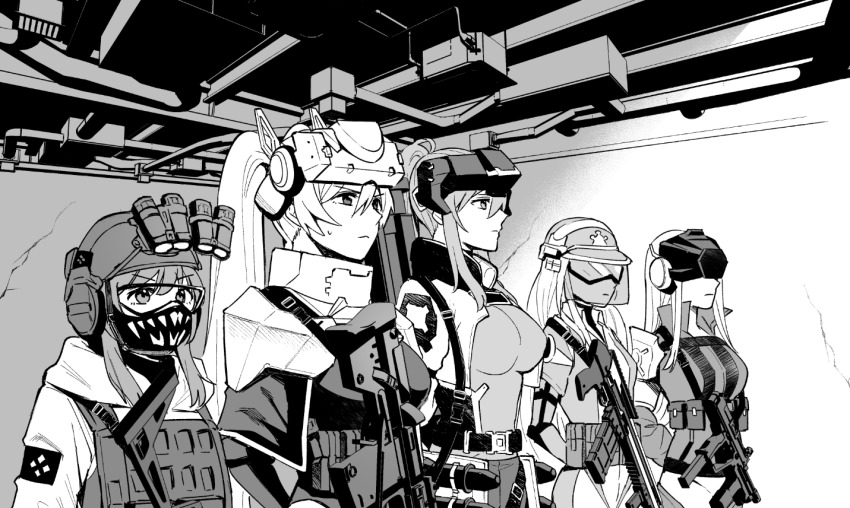 5girls ame_arare assault_rifle bulletproof_vest combat_helmet fast_helmet goddess_of_victory:_nikke goggles goggles_on_head gun hat headphones helmet idoll_flower_(nikke) idoll_ocean_(nikke) idoll_sun_(nikke) mask military_operator minebea_pm-9 mouth_mask multiple_girls rifle shotgun sig_mcx sig_sauer soldier_eg_(nikke) soldier_fa_(nikke) submachine_gun tactical_clothes weapon