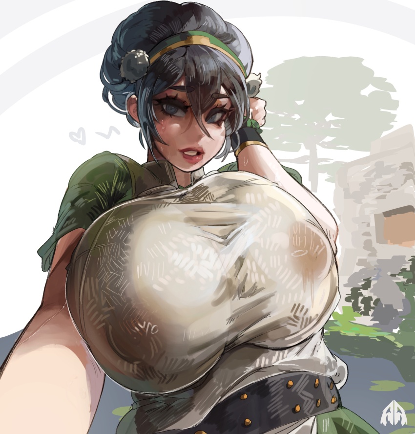 1girl absurdres aged_up alamander avatar:_the_last_airbender avatar_legends belt black_eyes black_hair breasts cleavage covered_erect_nipples dress from_below green_dress highres huge_breasts lips lipstick looking_at_viewer makeup nipples red_lips see-through_cleavage see-through_clothes see-through_shirt selfie shirt short_hair short_sleeves solo standing sweat teeth toph_beifong