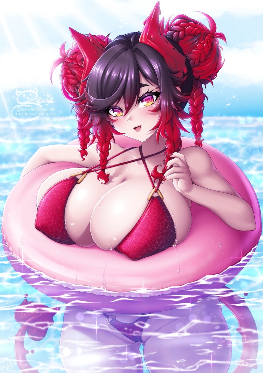 1girl bikini black_hair blush braid braided_bun breasts cleavage commentary crotch demon_girl demon_horns demon_tail double_bun english_commentary gluteal_fold gradient_eyes gradient_hair groin hair_bun heart heart-shaped_pupils highres horns huge_breasts looking_at_viewer multicolored_eyes multicolored_hair multiple_braids nail_polish orange_eyes original partially_submerged partially_visible_vulva pink_eyes red_eyes red_hair sevie skindentation suco_(sevie) swim_ring swimsuit symbol-shaped_pupils tail thighs water wet yellow_eyes