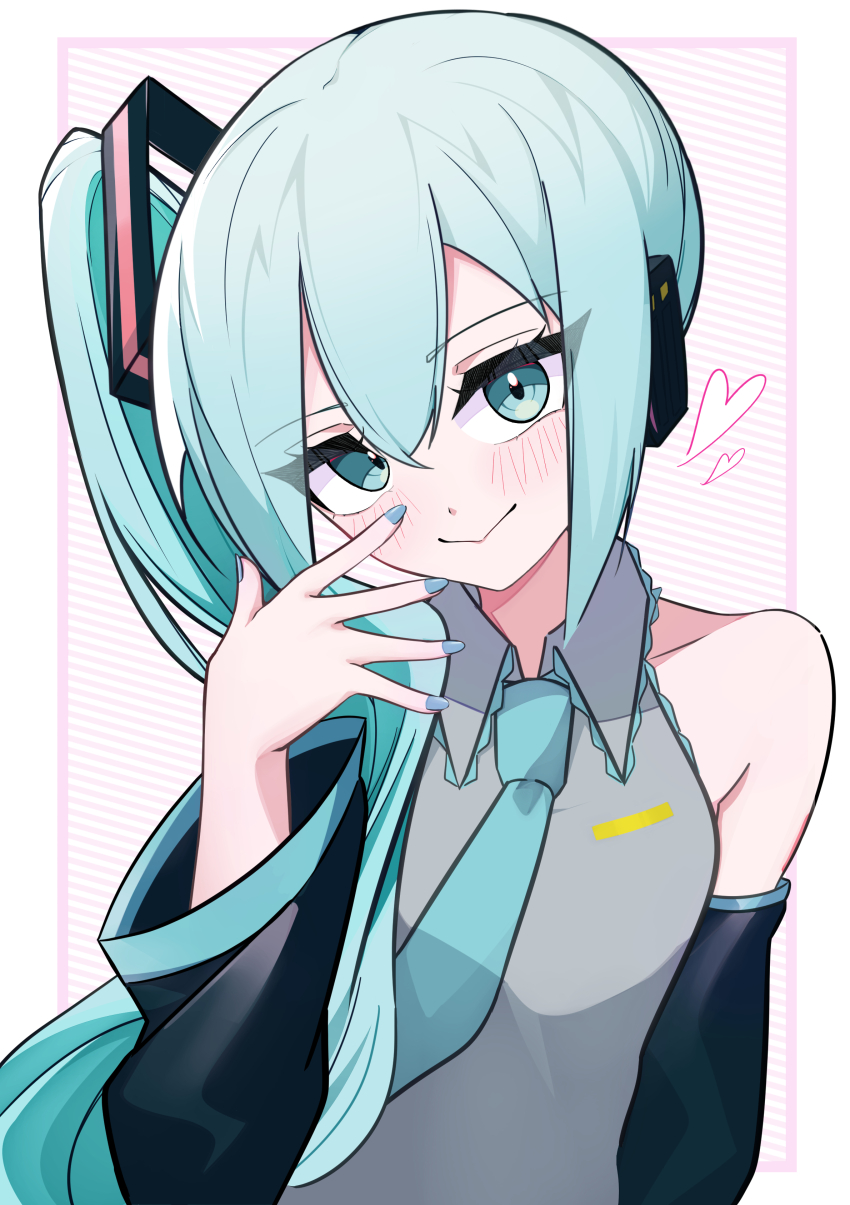 1girl absurdres alternate_hairstyle aqua_eyes aqua_hair aqua_nails aqua_necktie blush breasts closed_mouth collarbone detached_sleeves grey_shirt hair_between_eyes hair_ornament hatsune_miku headphones highres kenshiro_nyuusu long_hair long_sleeves medium_breasts necktie shirt side_ponytail sleeveless sleeveless_shirt smile solo upper_body very_long_hair vocaloid wide_sleeves