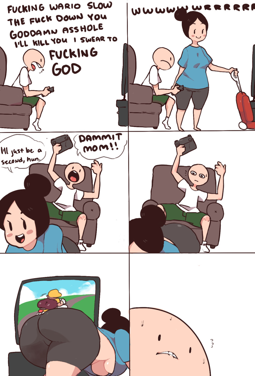 1boy 1girl ass biting_own_lip black_hair blush_stickers breasts comic english_text game_console hair_bun highres inkerton-kun mario_(series) mario_kart mature_female meme mother_and_son nintendo no_bra profanity single_hair_bun speech_bubble underboob upshirt vacuum_cleaner wario white_background wii_u