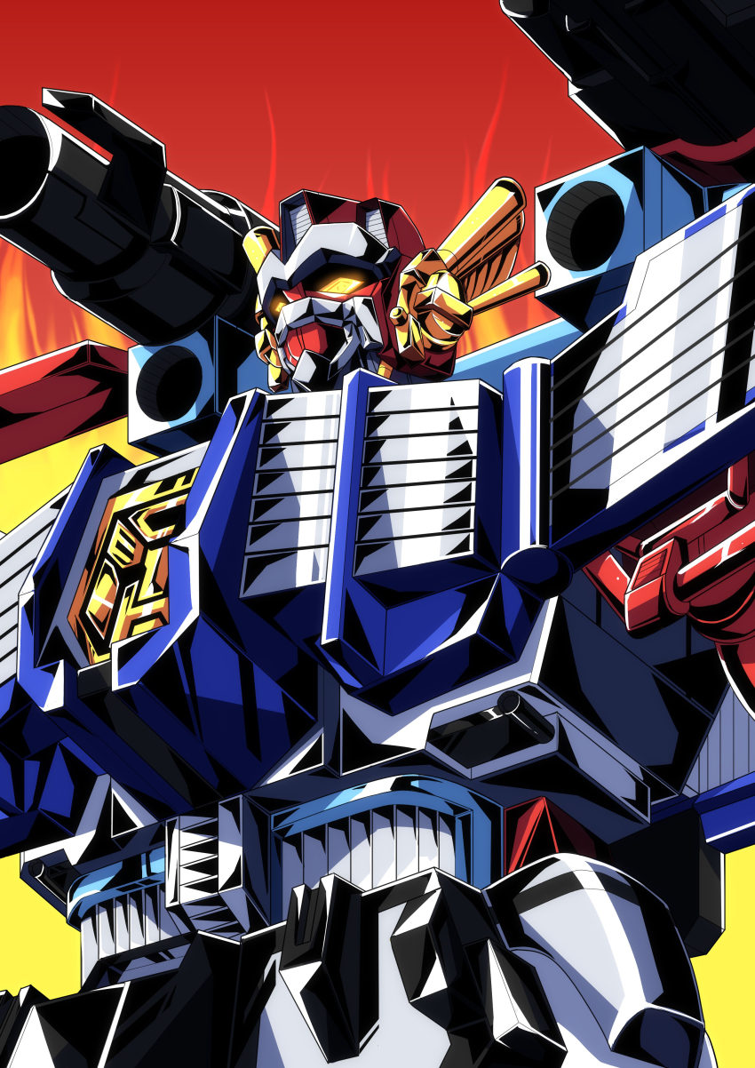 absurdres autobot fire glowing glowing_eyes highres looking_up mecha omega_prime onborocket orange_eyes robot science_fiction shoulder_cannon solo super_robot transformers transformers_car_robots upper_body