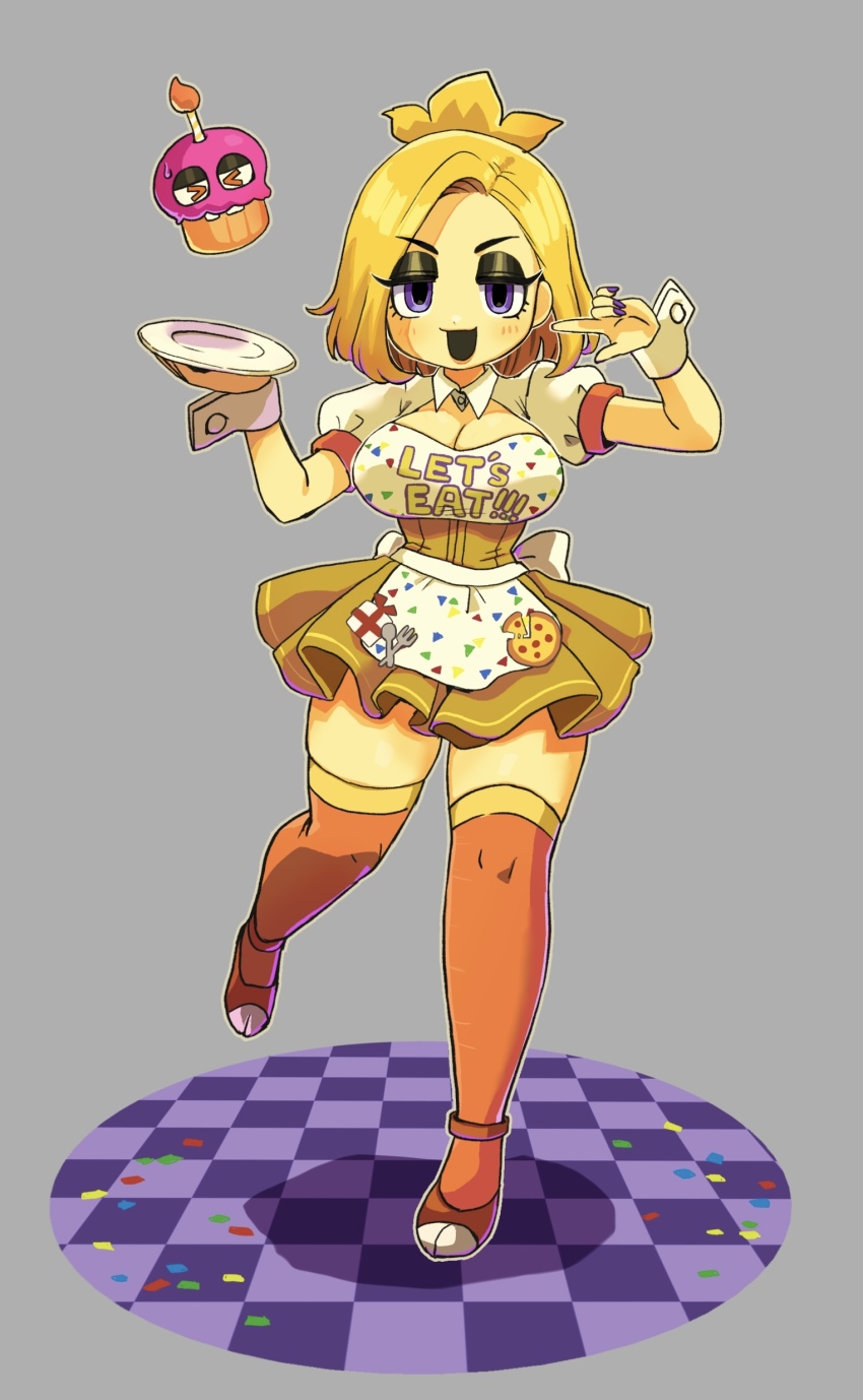 1girl absurdres blonde_hair breasts chica cleavage clothes_writing colored_skin commentary_request cupcake cupcake_(fnaf) dress five_nights_at_freddy&#039;s five_nights_at_freddy&#039;s_1 food full_body grey_background highres holding humanization jitome looking_at_viewer medium_breasts medium_hair minami_(mnm-kyk) purple_eyes solo standing standing_on_one_leg thighhighs yellow_skin zettai_ryouiki