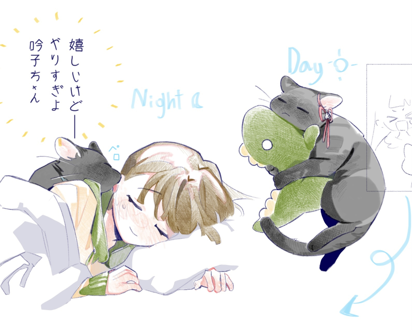 &gt;_&lt; 1girl :d animalization black_cat blue_collar blush brown_hair cat center-flap_bangs closed_mouth collar commentary ear_flower ear_licking english_text feigning_sleep flower flower_knot green_hood head_on_pillow highres hood hoodie kachimachi_kosuzu kachimachi_kosuzu_(summer_loungewear) licking link!_like!_love_live! long_hair love_live! lying mixed-language_text momose_ginko multiple_views nose_blush on_side open_mouth pillow pipi_(m1x_mix) sleeping smile stuffed_dinosaur virtual_youtuber white_flower xd yellow_hoodie