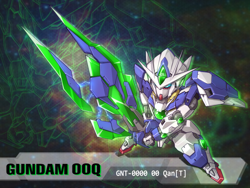 00_qan[t] bit_(gundam) blade blue_eyes character_name chibi commentary electricity english_commentary english_text full_body funnels_(gundam) gundam gundam_00 gundam_00_a_wakening_of_the_trailblazer highres holding holding_sword holding_weapon kingofdraw light_particles mecha mobile_suit no_humans robot sd_gundam shield solo sword v-fin weapon