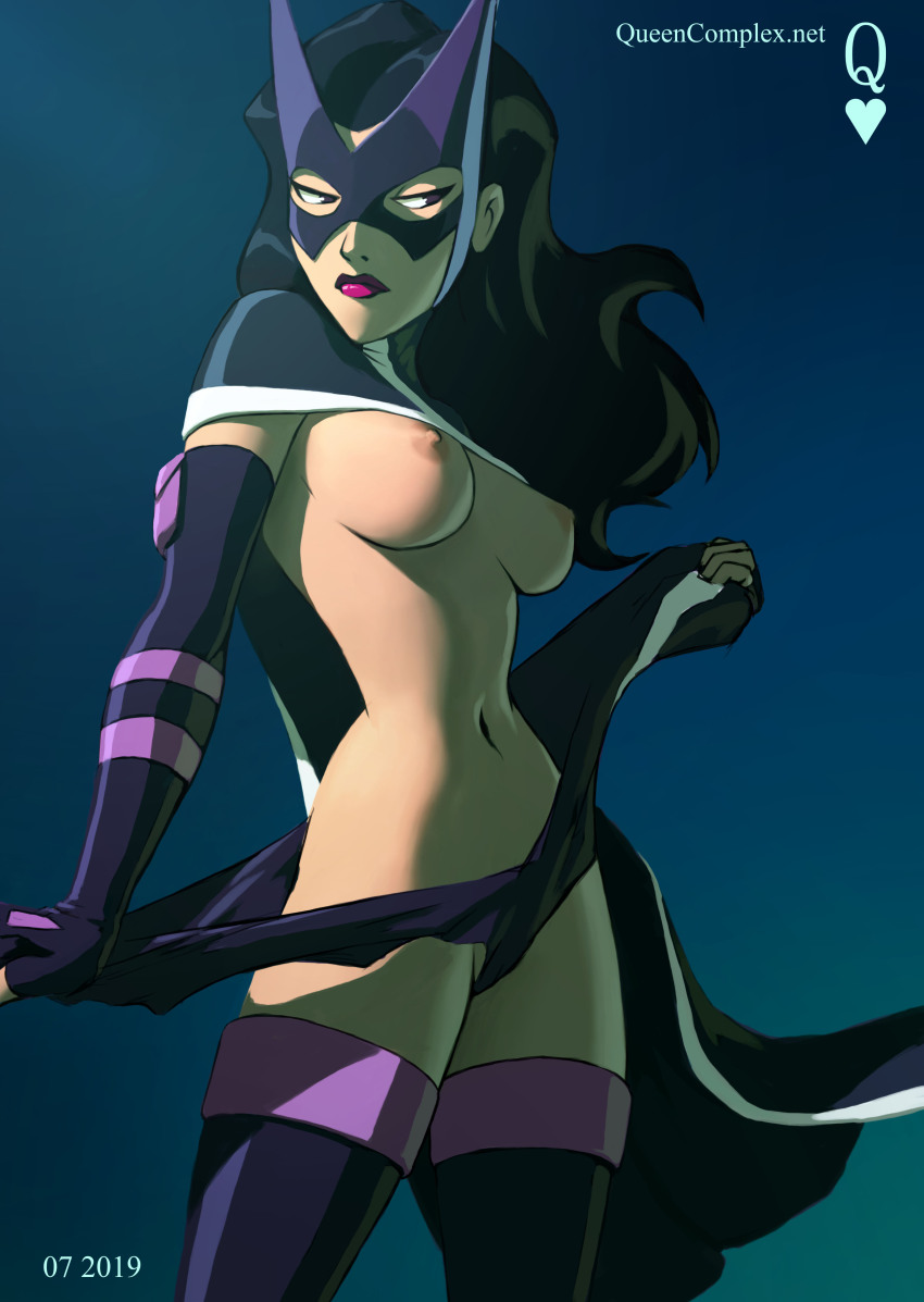 1girl 2019 absurdres artist_logo artist_name birds_of_prey black_hair bodysuit breasts cape dated dc_comics domino_mask fingerless_gloves gloves helena_bertinelli highres huntress_(dc) justice_league large_breasts lipstick logo looking_to_the_side makeup mask medium_hair multicolored_bodysuit navel nipples partially_undressed purple_lips queen_complex simple_background skinny solo stomach superhero_costume thick_thighs thighs undressing watermark web_address wide_hips
