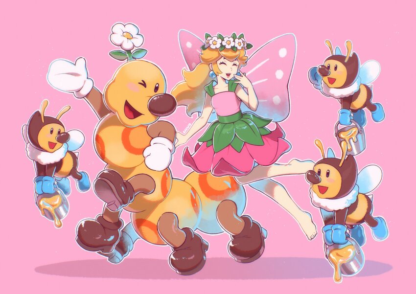 1girl 4others alternate_color alternate_costume antennae artist_name barefoot bee bee_wings blonde_hair blue_footwear blue_gloves boots brown_footwear bucket bug closed_eyes cosplay dress earrings eyelashes flower flower_on_head flower_skirt full_body gloves head_wreath highres holding holding_bucket honey honeybee_(mario) insect insect_wings jewelry laughing leaf leaf_skirt lips long_hair mario_(series) mario_kart mario_kart_tour multiple_legs multiple_others nintendo one_eye_closed open_mouth pink_background pink_dress princess_daisy princess_daisy_(cosplay) princess_daisy_(fairy) princess_peach saiwo_(saiwoproject) simple_background smile sphere_earrings super_mario_galaxy tongue transparent_wings white_gloves wiggler wings