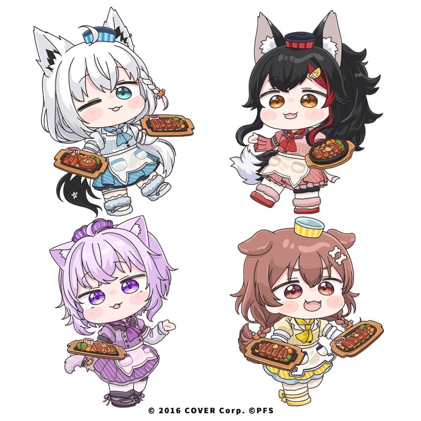 4girls :d ;d animal_ear_fluff animal_ears apron black_hair blue_eyes blue_hat blue_skirt bone_hair_ornament brown_eyes brown_hair brown_shirt brown_skirt cartoon_bone cat_ears cat_girl cat_tail chibi commentary_request detached_sleeves diagonal-striped_clothes diagonal-striped_skirt dog_ears dog_girl dog_tail fangs fox_ears fox_girl fox_tail hair_ornament hat highres hololive hololive_gamers inugami_korone mini_hat mochimiko multicolored_hair multiple_girls nekomata_okayu official_art one_eye_closed ookami_mio open_mouth pink_shirt pink_skirt pleated_skirt puffy_short_sleeves puffy_sleeves purple_eyes purple_hair purple_hat purple_shirt purple_skirt red_hair red_hat shirakami_fubuki shirt short_sleeves simple_background skirt smile streaked_hair striped_clothes striped_headwear striped_shirt tail vertical-striped_clothes vertical-striped_headwear vertical-striped_shirt virtual_youtuber waist_apron white_apron white_background white_hair white_shirt wolf_ears wolf_girl wolf_tail yellow_hat