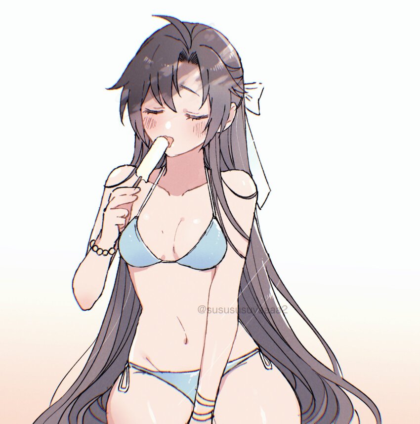 1girl ahoge alternate_costume alternate_hairstyle bare_arms bare_shoulders bead_bracelet beads between_legs bikini black_hair blue_bikini blush bow bracelet breasts brown_hair cleavage closed_eyes collarbone cowboy_shot eating eyelashes facing_viewer food genderswap genderswap_(mtf) gradient_background groin hair_between_eyes hair_bow hair_down hair_ribbon half_updo halterneck hand_between_legs highres holding holding_food holding_popsicle jewelry licking long_hair medium_breasts modao_zushi navel open_mouth parted_bangs popsicle ribbon side-tie_bikini_bottom simple_background sitting solo stomach swimsuit tongue tongue_out twitter_username very_long_hair wei_wuxian white_background white_bow white_ribbon yaichi00