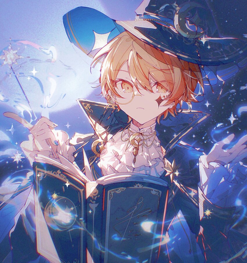 1boy ascot blue_cape blue_hat blue_jacket blue_nails book cape cheek_tattoo chulixun1 closed_mouth floating floating_book floating_object frilled_sleeves frills hair_between_eyes hands_up hat highres holding holding_wand jacket looking_at_viewer male_focus monocle moon open_book orange_eyes orange_hair project_sekai short_hair sky solo star_(sky) starry_sky tattoo tenma_tsukasa turning_page upper_body wand white_ascot wizard_hat