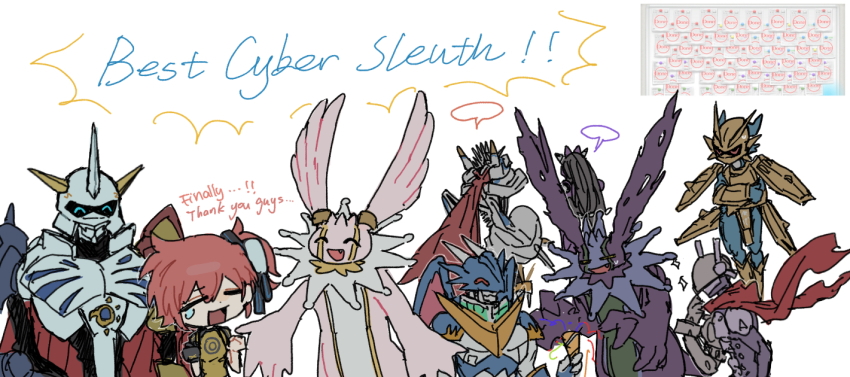 aiba_ami armor blue_eyes cherubimon cherubimon_(vice) cherubimon_(virtue) corruption digimon digimon_story:_cyber_sleuth goggles goggles_on_head happy jesmon justimon long_hair looking_at_another magnamon mask omegamon red_hair scarf sidetail smile ulforcev-dramon