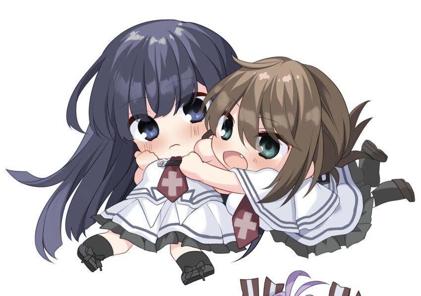 2girls black_eyes black_hair black_shoes black_socks blunt_ends blush breasts capelet chibi chibi_only closed_mouth commentary_request cross cross_print eyes_visible_through_hair fang folded_ponytail frilled_skirt frills frown full_body green_eyes hair_between_eyes highres hug hug_from_behind invisible_chair kneehighs long_hair looking_at_another looking_at_viewer medium_hair multiple_girls necktie open_mouth print_necktie pyuchi red_necktie school_uniform shirt shoes simple_background sitting skirt socks standing subarashiki_hibi tachibana_kimika takashima_zakuro very_long_hair white_background white_capelet white_shirt white_skirt