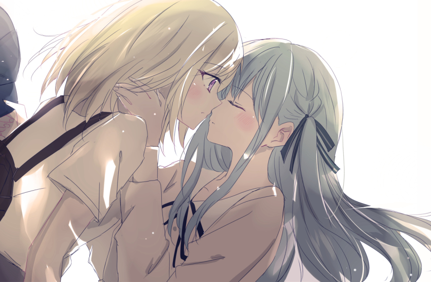 2girls backpack bag bang_dream! bang_dream!_it&#039;s_mygo!!!!! baseball_cap black_hat black_ribbon blonde_hair blue_hair closed_eyes closed_mouth commentary hair_ribbon hat imminent_kiss long_hair long_sleeves medium_hair misumi_uika multiple_girls neck_ribbon purple_eyes ribbon shirt short_sleeves togawa_sakiko white_shirt xuan yuri