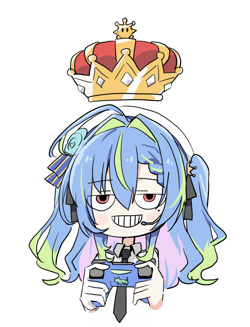 1girl absurdres ahoge blue_hair commentary_request controller crown game_controller green_hair grin hair_intakes highres holding holding_controller holding_game_controller looking_at_viewer mole mole_under_eye multicolored_hair nanashi_inc. ougimaneki pink_hair red_crown red_eyes simple_background smile solo suzumi_nemo suzumi_nemo_(3rd_costume) transparent_background two_side_up upper_body virtual_youtuber