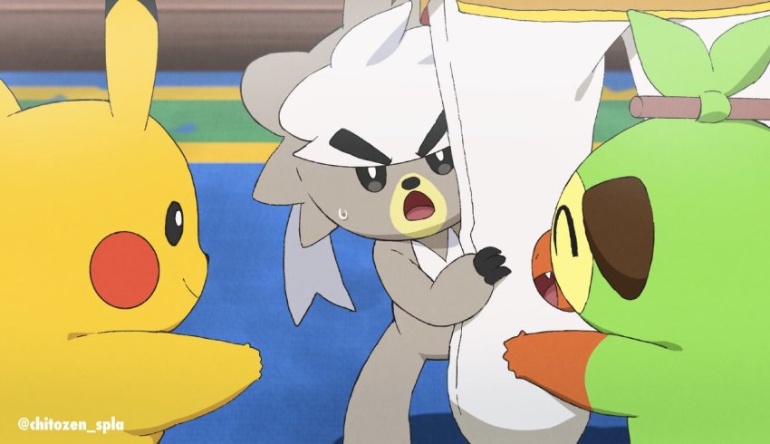 1boy chitozen_(pri_zen) closed_mouth commentary_request gen_1_pokemon gen_8_pokemon grookey indoors kubfu legendary_pokemon male_focus mustard_(pokemon) nintendo open_mouth pants peeking_out pikachu pokemon pokemon_(creature) pokemon_swsh shy smile standing sweatdrop tongue white_pants