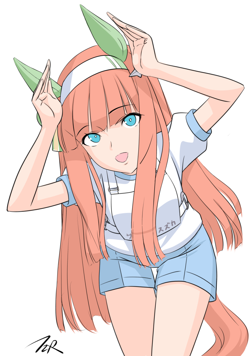 1girl animal_ears artist_name blue_shorts blunt_bangs character_name commentary_request ear_covers green_eyes gym_shirt gym_shorts gym_uniform hairband hand_on_own_chest highres horse_ears horse_girl horse_tail leaning_forward long_hair looking_at_viewer open_mouth orange_hair original_race_uniform_(umamusume) pantyhose pantyhose_under_shorts race_bib shirt short_sleeves shorts silence_suzuka_(umamusume) simple_background smile solo standing straight_hair t-shirt t2r tail translated umamusume white_background white_hairband white_shirt wind