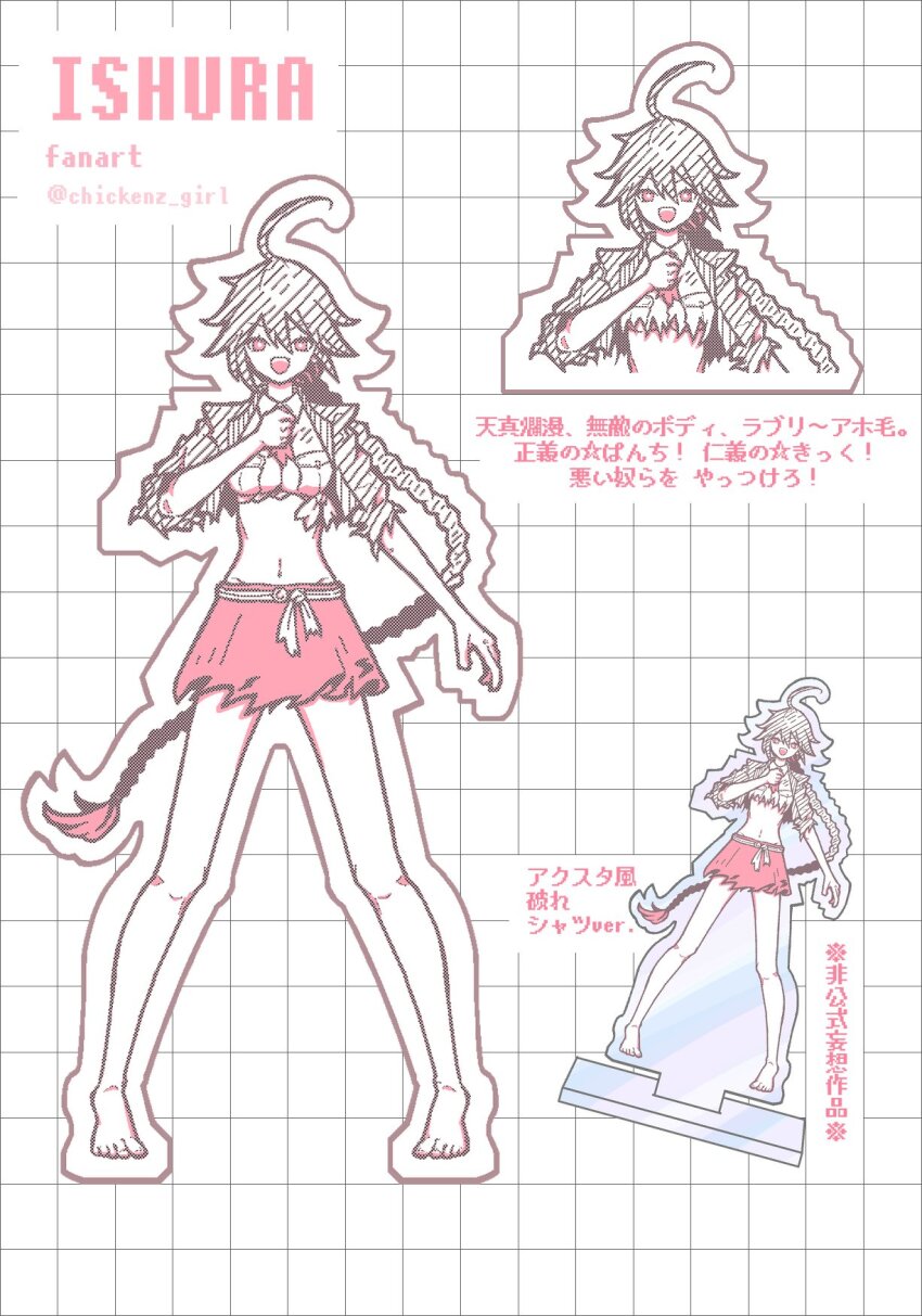 1girl acrylic_stand_(object) ahoge barefoot braid braided_ponytail breast_pocket breasts chickenz_girl copyright_name crop_top hair_between_eyes hand_on_own_chest highres hip_bones ishura large_breasts merchandise midriff monochrome multiple_views navel necktie open_mouth outline patterned_background pocket ponytail red_eyes shirt simple_background skirt smile solo spot_color tied_shirt torn_clothes tu_the_magic twitter_username white_background