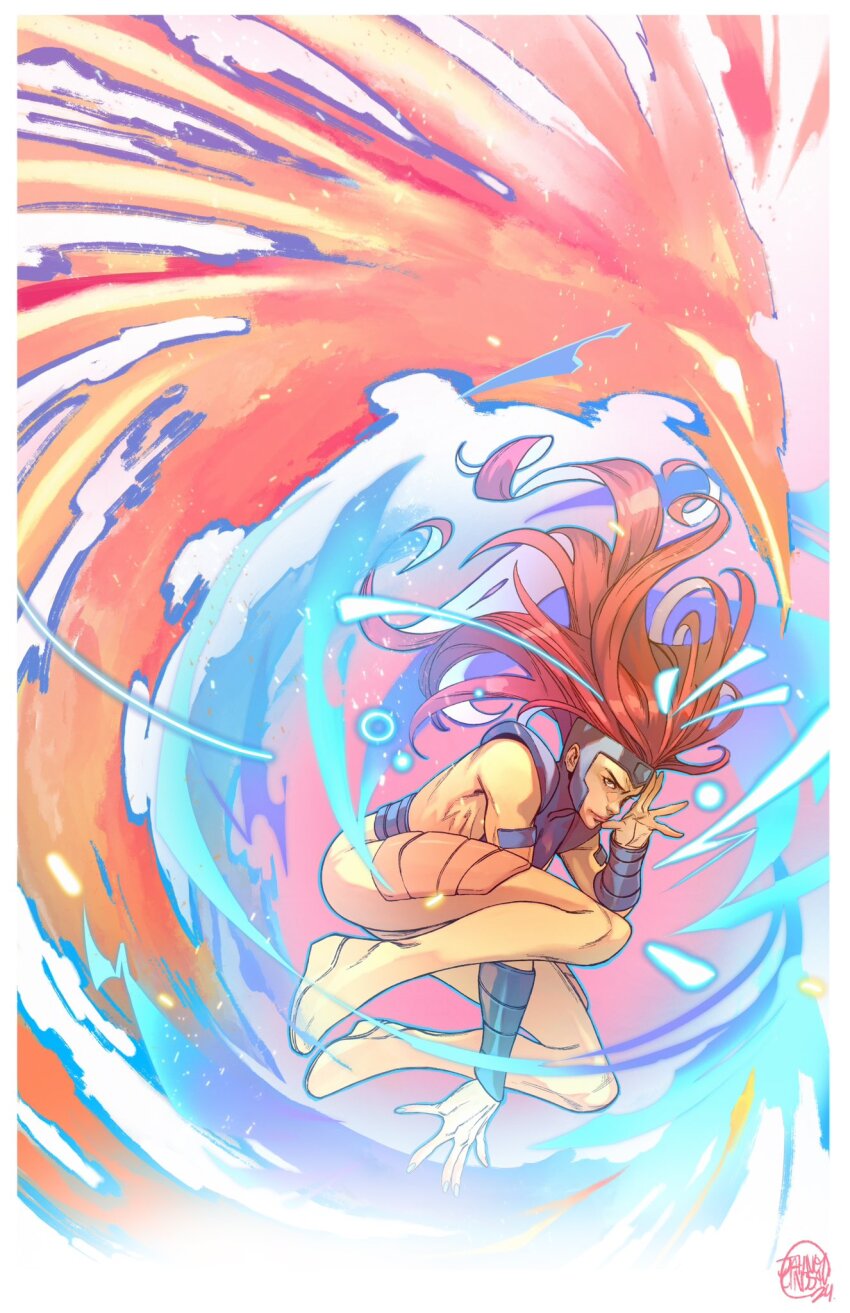 1girl bodysuit highres jahnoy_lindsay jean_grey long_hair looking_at_viewer magic marvel red_hair signature solo superhero_costume x-men yellow_bodysuit