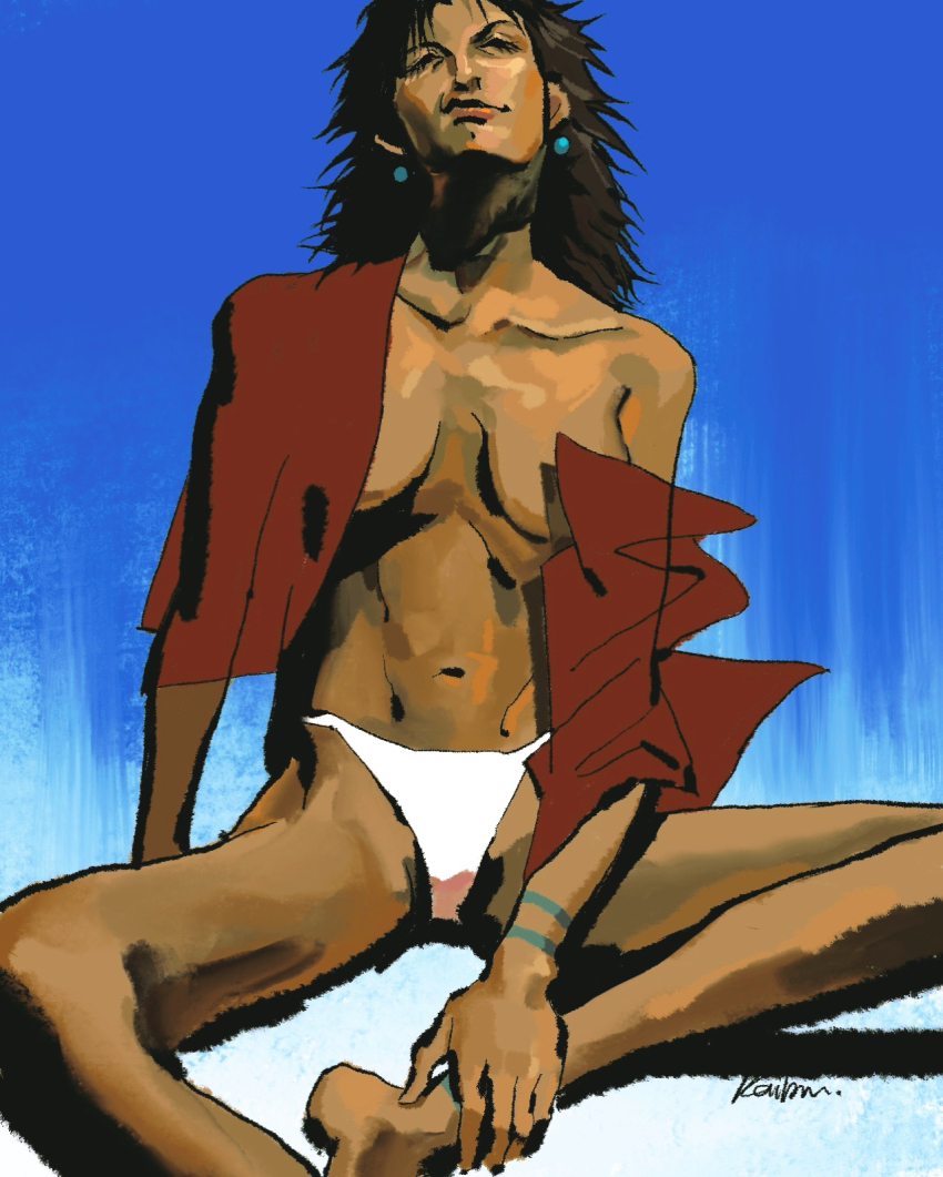 1girl aaakailon blue_background breasts brown_hair closed_eyes dark-skinned_female dark_skin earrings genderswap genderswap_(mtf) highres jacket jewelry mugen_(samurai_champloo) panties red_jacket samurai_champloo sitting solo underwear white_panties