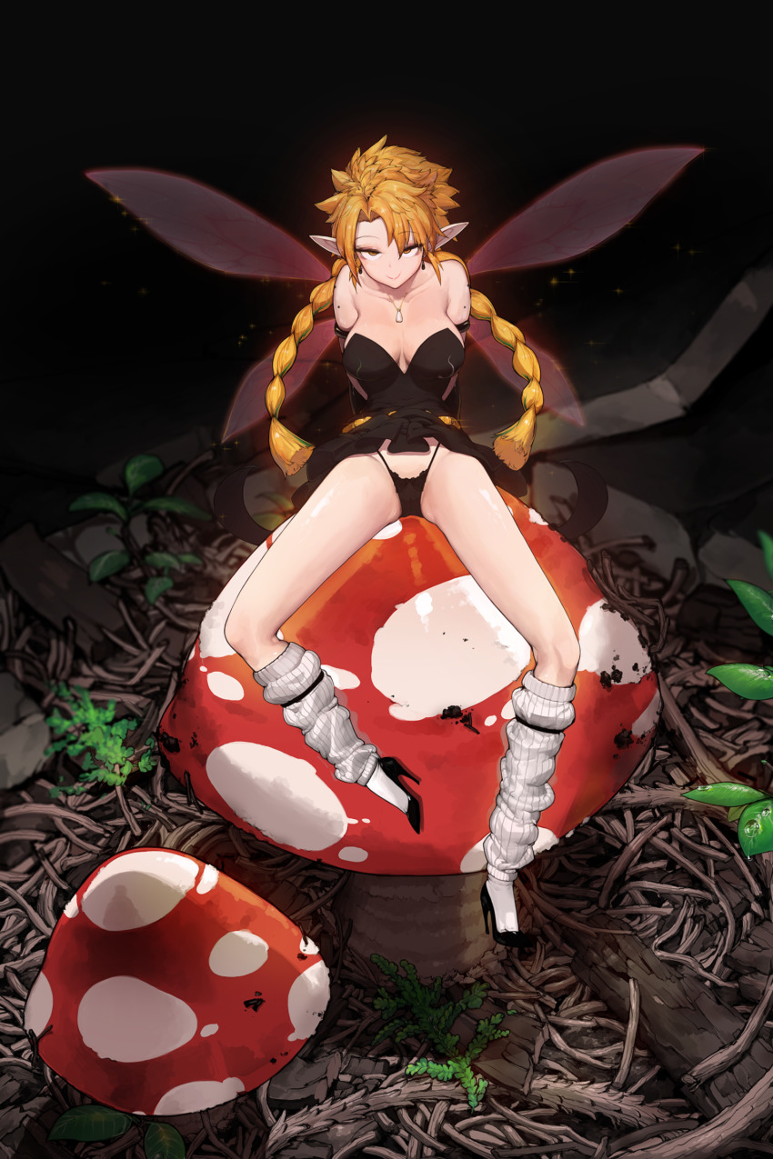 1girl absurdres arms_behind_back bad_id bad_pixiv_id bare_arms bare_shoulders black_footwear black_panties black_skirt blonde_hair braid breasts breasts_apart cleavage closed_mouth clothes_lift deliciousmeatart earrings fairy fairy_wings forehead high_heels highres jewelry korean_commentary large_breasts leaf looking_at_viewer loose_socks low_twintails mini_person minigirl mole mole_on_arm mushroom necklace on_mushroom original outdoors panties parted_bangs plant pointy_ears polka_dot ramiris shadow shiny_skin sitting_on_mushroom skirt skirt_lift smile socks solo spiked_hair spread_legs strapless tensei_shitara_slime_datta_ken twig twin_braids twintails underwear white_legwear wings yellow_eyes