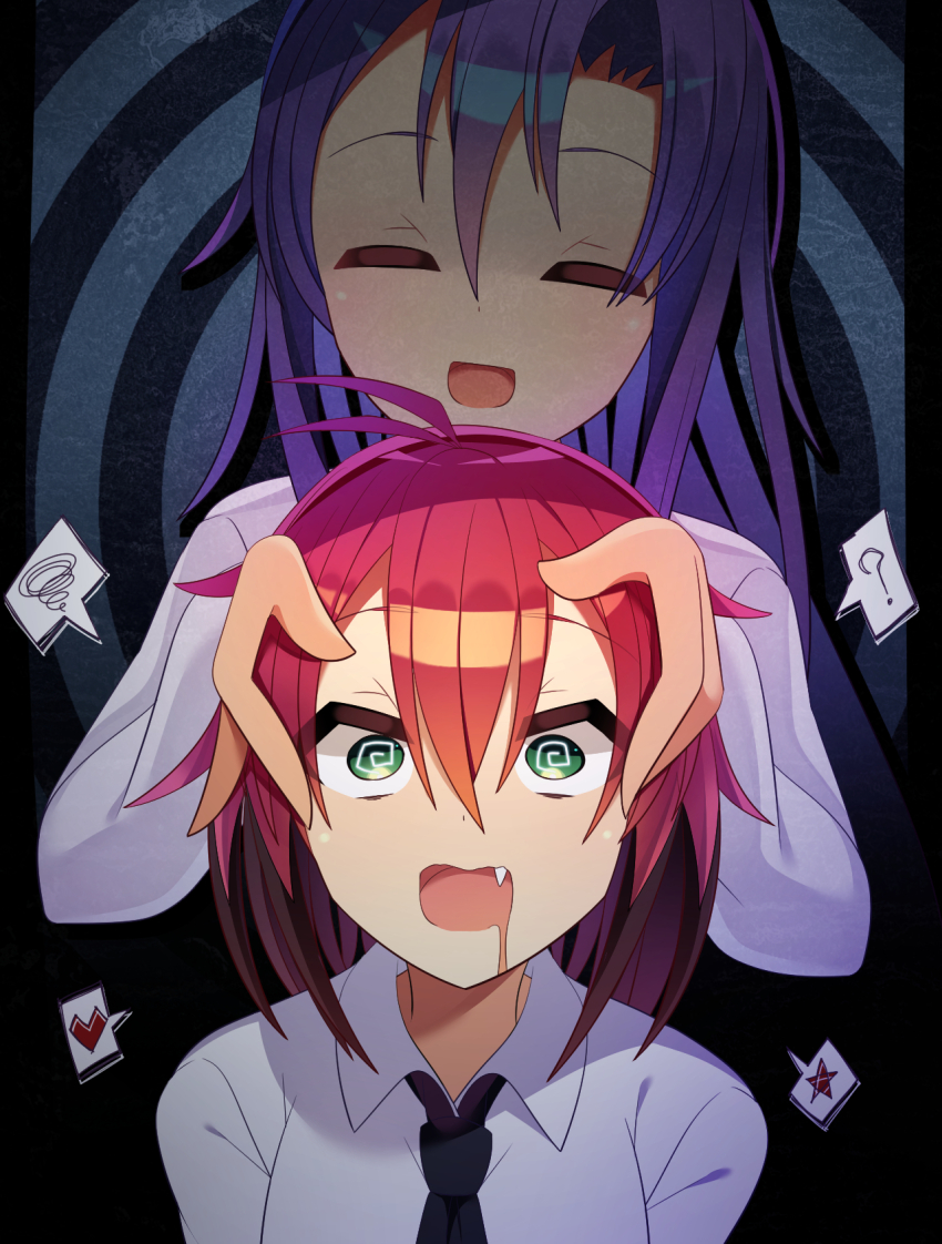 2girls ? @_@ black_border black_necktie blue_background border closed_eyes collared_shirt drooling fang fangs goshiki_agiri green_hair hair_between_eyes head_grab heart highres hypnosis kill_me_baby kimafumi_(kmfm686) long_hair mind_control multiple_girls necktie open_mouth pov purple_hair red_hair shirt short_hair single_hair_intake solo_focus spiral_background spoken_heart spoken_question_mark spoken_squiggle spoken_star squiggle star_(symbol) unused_character_(kill_me_baby) white_shirt