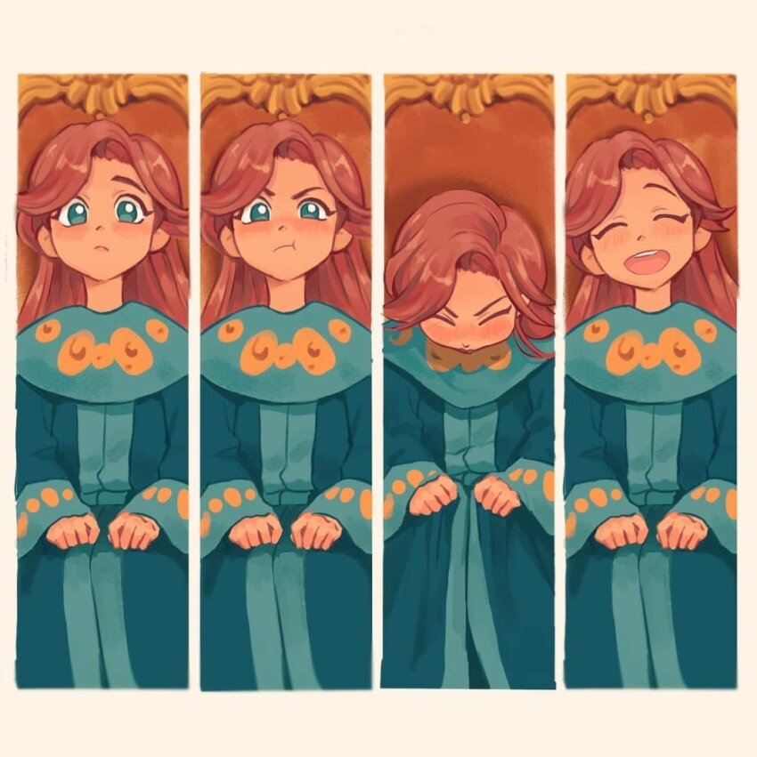 00in3 1girl ^_^ aged_down anastasia_(1997) anya_(anastasia) aqua_dress blue_eyes blush child closed_eyes commentary_request dress korean_commentary long_hair long_sleeves looking_at_viewer open_mouth red_hair sitting smile solo teeth upper_teeth_only