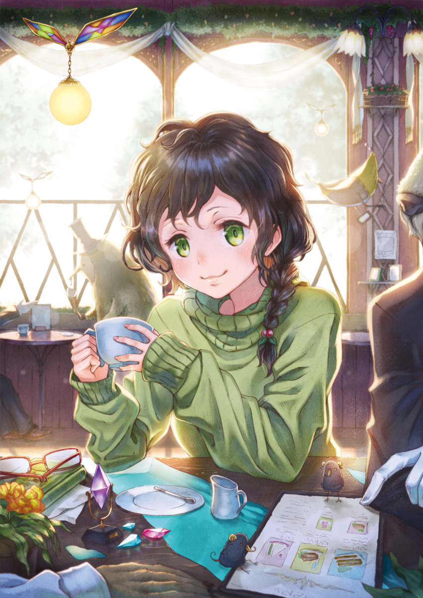 1girl bird black_hair black_headwear black_nails blush book braid cup dog drinking elbows_on_table fantasy flower flower_box gag unworn_gag gem gloves green_eyes green_sweater hat highres indoors light long_sleeves looking_at_viewer menu nail_polish original plate red-framed_eyewear sho_(sumika) sitting sleeves_past_wrists smile solo_focus spoon sweater table top_hat turtleneck turtleneck_sweater white_gloves window
