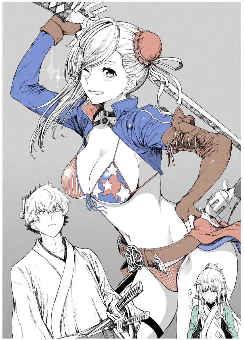1boy 2girls american_flag_bikini american_flag_print asymmetrical_gloves bikini blue_jacket breasts brown_gloves bun_cover choker cleavage cropped_jacket fate/grand_order fate/samurai_remnant fate_(series) fingerless_gloves flag_print gloves grin hair_bun hair_ribbon highres jacket large_breasts long_hair long_sleeves looking_at_viewer miyamoto_iori_(fate) miyamoto_musashi_(fate) miyamoto_musashi_(fate/grand_order) miyamoto_musashi_(swimsuit_berserker)_(fate) miyamoto_musashi_(swimsuit_berserker)_(second_ascension)_(fate) multiple_girls navel one_eye_closed print_bikini ribbon shrug_(clothing) single_side_bun smile spot_color swept_bangs swimsuit syatey thighs yui_shousetsu_(fate)