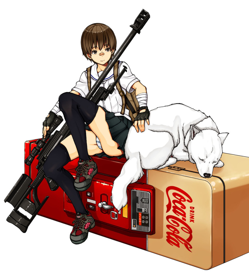 1girl anti-materiel_rifle ar-50 arm_wrap armalite backpack bag bandages bandaid black_eyes black_thighhighs brown_hair coca-cola dog female_focus fingerless_gloves flat_chest gloves gun highres joy_(joy-max) light_smile original panties pantyshot pleated_skirt product_placement randoseru rifle school_uniform scope serafuku shoes short_hair simple_background sitting skirt smile sneakers sniper_rifle solo striped_clothes striped_panties thighhighs underwear upskirt vending_machine weapon wolf