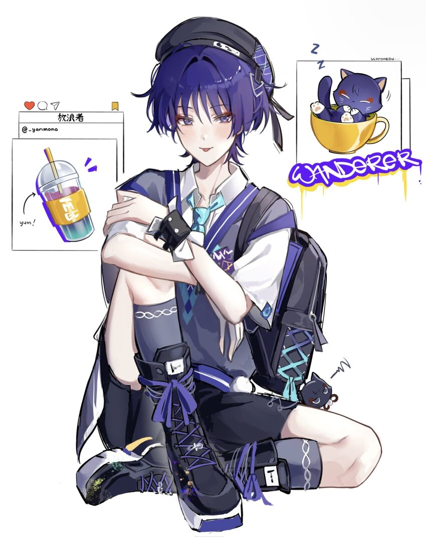 1boy alternate_costume animalization aqua_necktie aqua_trim arm_on_knee backpack bag beret black_bag black_boots black_hat black_shorts blunt_ends blush boots character_name coffee collared_shirt cup disposable_cup drinking_straw emblem eyeliner eyeshadow full_body genshin_impact grey_socks grey_sweater hair_intakes hand_on_own_arm hat highres iced_coffee in_container in_cup knee_up kneehighs lace-up_boots looking_at_viewer makeup male_focus necktie notice_lines official_alternate_costume person_and_animalization pom_pom_(clothes) purple_eyes purple_hair purple_trim red_eyeliner red_eyeshadow scaramouche_(cat)_(genshin_impact) scaramouche_(genshin_impact) shirt short_sleeves shorts sleeping socks solo stuffed_toy sweater sweater_vest tongue tongue_out wanderer_(genshin_impact) wanderer_(mega_mgc_coffee)_(genshin_impact) white_background white_shirt white_sleeves white_wrist_cuffs wrist_cuffs yarimono zzz