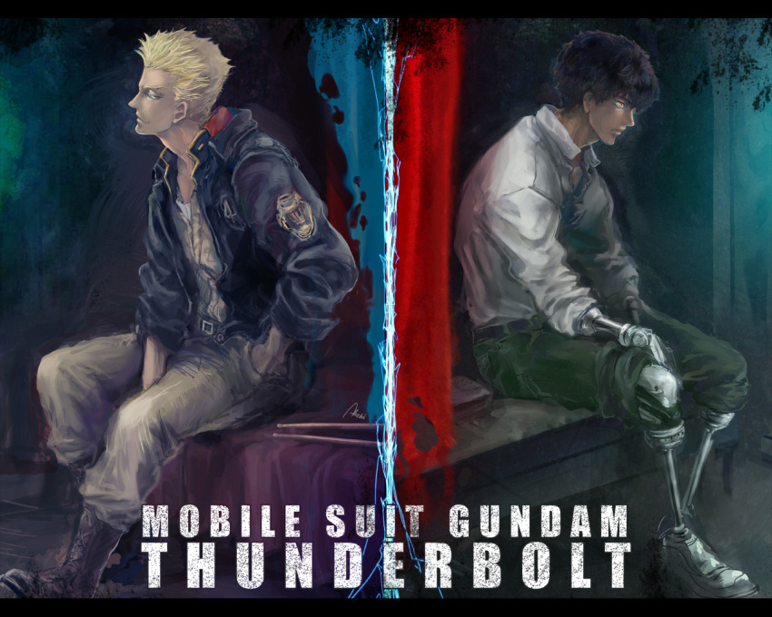 10s 2boys akebi_miso black_hair blonde_hair daryl_lorenz gundam gundam_thunderbolt io_fleming jacket military military_uniform multiple_boys prosthesis prosthetic_arm prosthetic_leg short_hair