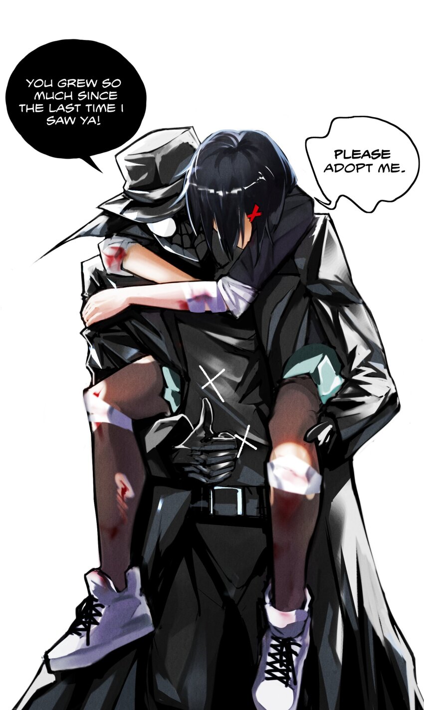 1boy 1girl absurdres black_gloves black_hair black_headwear black_jacket blood blood_on_clothes brown_pantyhose carrying carrying_person commentary english_commentary english_text gloves hair_ornament hat heartbreak_juan highres jacket long_sleeves marvel mask masked pantyhose peni_parker piggyback shoes short_hair simple_background sneakers speech_bubble spider-man:_into_the_spider-verse spider-man_(series) spider-man_noir spider-verse torn_clothes torn_pantyhose white_background white_footwear x_hair_ornament
