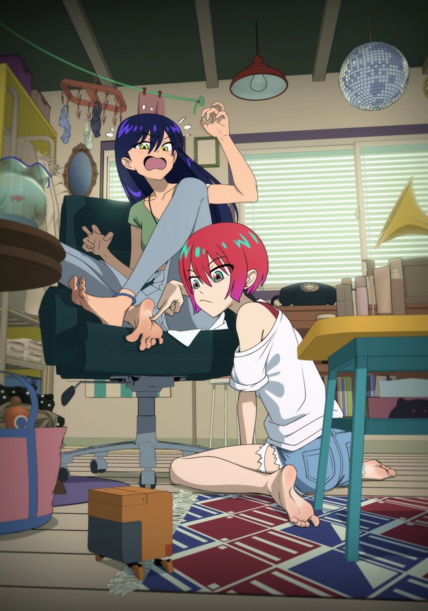 2girls absurdres amate_yuzuriha bare_legs barefoot blue_hair blue_pants blue_shorts breasts chair closed_mouth collarbone crossed_ankles denim denim_shorts disco_ball dorsiflexion feet fishbowl full_body gradient_hair green_shirt gundam gundam_gquuuuuux hair_between_eyes highres indoors kneehighs kusujinn legs multicolored_hair multiple_girls nyaan_(gundam_gquuuuuux) on_ground pants phone purple_hair red_hair rug shirt short_hair short_sleeves shorts single_bare_shoulder sitting small_breasts socks soles spread_toes table toes wariza white_shirt wooden_floor yellow_eyes