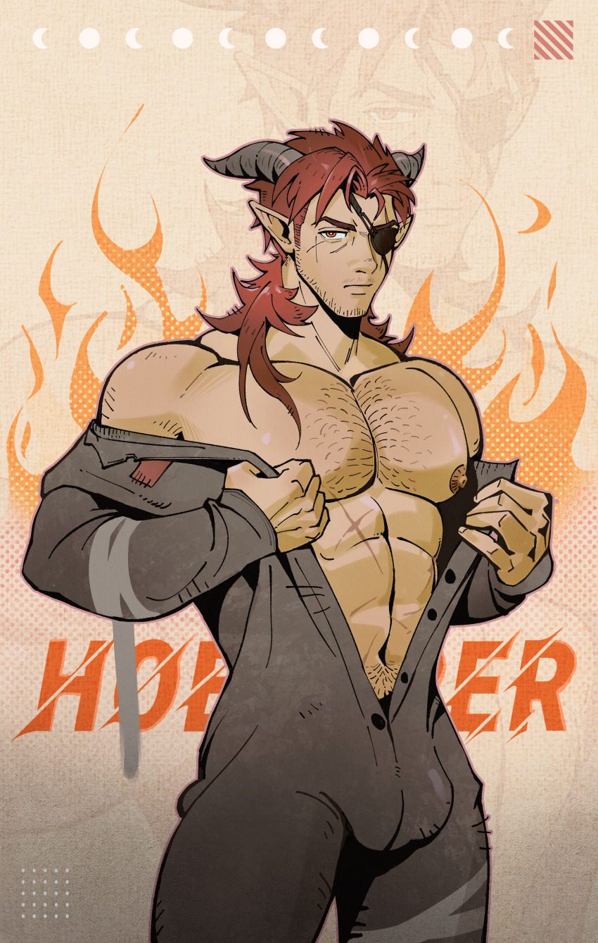 1boy abs absurdres anoko_nai arknights bara bare_pectorals bare_shoulders beard_stubble character_name chest_hair closed_mouth clothing_request collarbone cowboy_shot facial_hair fire gradient_background highres hoederer_(arknights) horns large_pectorals looking_at_viewer male_focus mature_male medium_hair muscular muscular_male navel navel_hair nipples pectorals pointy_ears red_eyes red_hair scar scar_on_face scar_on_stomach solo stubble