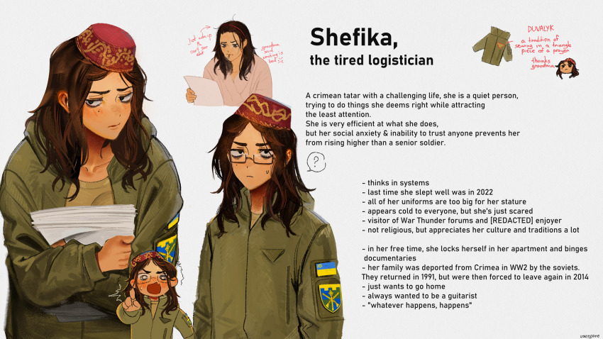 1girl ? bags_under_eyes black-framed_eyewear blush coat_of_arms english_text glasses highres holding holding_paper military_uniform mole original paper pointing pointing_at_viewer rectangular_eyewear russo-ukrainian_war semi-rimless_eyewear shefika_(usergore) spoken_question_mark sweatdrop ukrainian_flag usergore