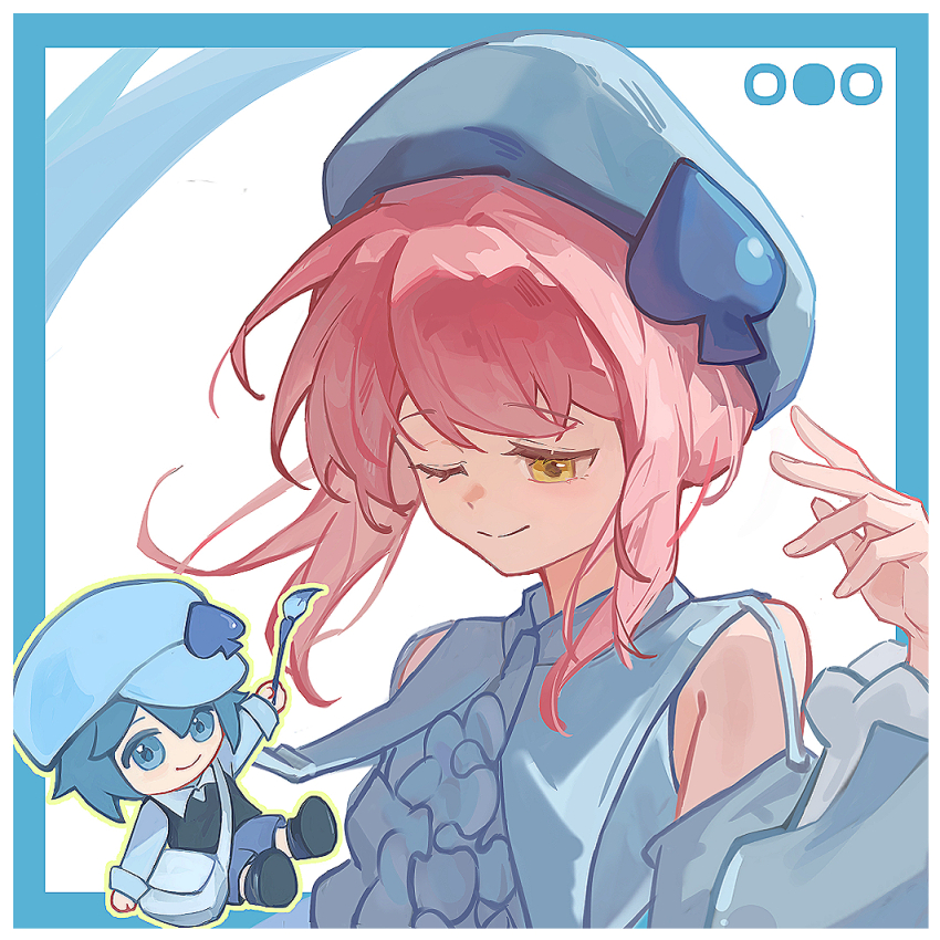 2girls amulet_spade bag bare_shoulders beret black_boots black_vest blue_bag blue_border blue_eyes blue_hair blue_hat blue_shirt blue_shorts boots border cabbie_hat chibi chinese_commentary closed_mouth collared_shirt commentary_request detached_sleeves dot_nose downturned_eyes eyelashes fingernails floating_hair frilled_sleeves frills hair_between_eyes hand_up happy hat hinamori_amu holding holding_paintbrush light_blush long_sleeves looking_at_another magical_girl miki_(shugo_chara!) multiple_girls one_eye_closed outline outside_border paintbrush pink_hair ribbed_sleeves shirt short_hair_with_long_locks shorts shoulder_bag shugo_chara! sitting smile spade_hat_ornament swept_bangs tangchaolilizi_kuriko upper_body vest white_background yellow_eyes yellow_outline
