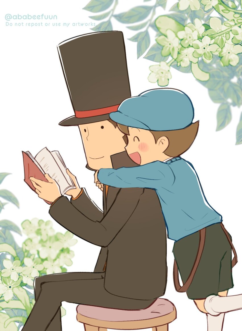 2boys abarenbou_bifun black_eyes blue_headwear blue_sweater blush book brown_hair brown_headwear brown_jacket brown_pants newsboy_cap closed_eyes commentary_request flower grey_shorts hat hershel_layton high_collar highres holding holding_book hug hug_from_behind jacket long_sleeves looking_at_another looking_back luke_triton male_focus multiple_boys open_book open_mouth pants professor_layton short_hair shorts sitting smile socks stool suspenders suspenders_hanging sweater top_hat twitter_username white_background white_socks