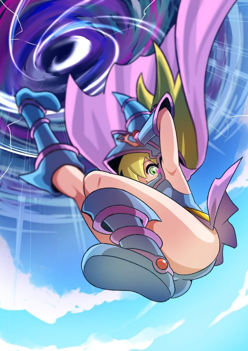 1girl ass blonde_hair blush_stickers cape dark_magician_girl duel_monster falling green_eyes hat highres holding holding_unworn_clothes holding_unworn_hat leg_up long_hair midair pink_cape revealing_clothes sengenjin31 solo unworn_hat unworn_headwear witch_hat wormhole yu-gi-oh!