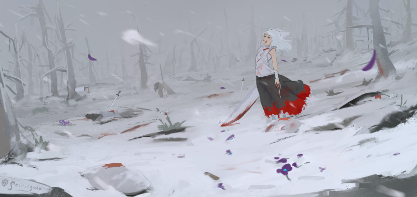 1girl absurdres after_battle animal_ears arms_at_sides bandaged_arm bandages bare_tree black_eyes black_skirt blood blood_on_clothes blood_on_face blood_on_hands blood_on_snow blood_stain bloody_weapon chest_sarashi commentary corpse day death dutch_angle empty_eyes english_commentary exhausted floating_hair flower fog frilled_skirt frills full_body grey_sky hat hat_loss highres holding holding_sword holding_weapon impaled inubashiri_momiji katana long_hair long_skirt looking_up neck_ribbon outdoors parted_lips petricpwnz planted planted_sword planted_weapon polearm pom_pom_(clothes) purple_flower purple_petals red_hat red_ribbon red_skirt ribbon sarashi shield shirt skirt sky sleeveless sleeveless_shirt snow snowing snowstorm solo spear spot_color stab standing sword tokin_hat touhou tree twitter_username two-tone_skirt weapon white_hair white_shirt wide_shot wolf_ears