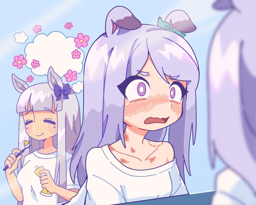 2girls animal_ears bite_mark bite_mark_on_shoulder blush blush_stickers bright_pupils closed_mouth collarbone commentary gold_ship_(umamusume) grey_hair hands_up hickey highres holding holding_toothbrush horse_ears horse_girl kitnoko long_hair mejiro_mcqueen_(umamusume) mirror morning_after multiple_girls nose_blush off-shoulder_shirt off_shoulder open_mouth parted_bangs purple_eyes purple_hair reflection reflection_focus shirt short_sleeves smile straight_hair symbol-only_commentary toothbrush toothpaste umamusume wavy_mouth white_pupils white_shirt yuri
