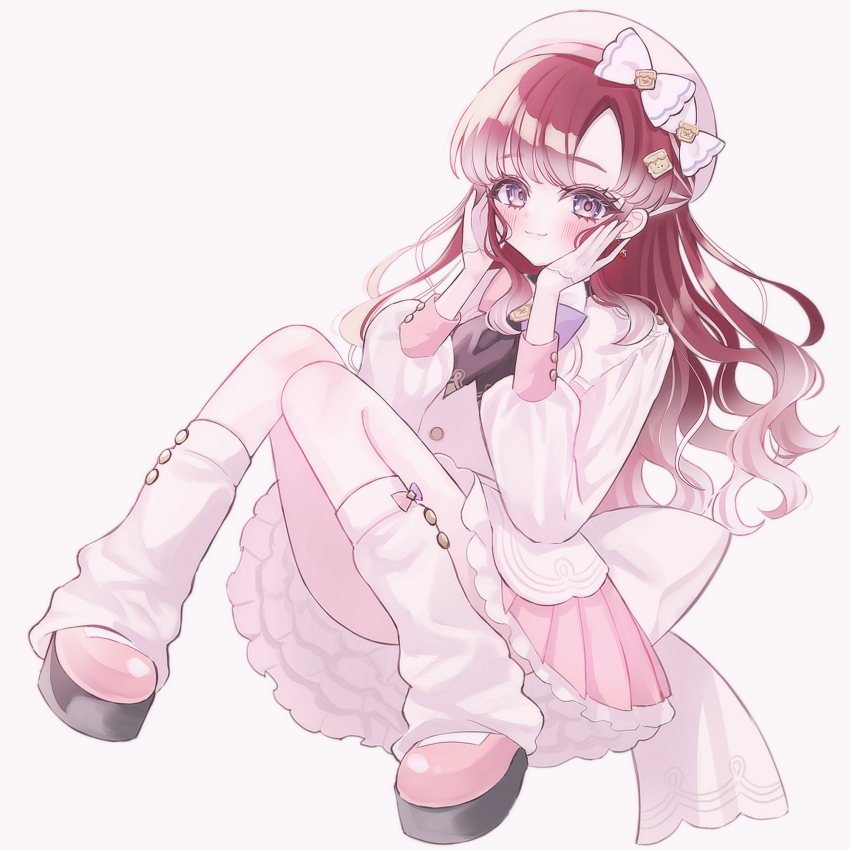 1girl apron beret blush bow bowtie collared_shirt earrings frilled_skirt frills full_body gloves hair_ornament hairclip half_gloves hat hat_bow heart heart_of_string highres hoshizaki_nagi jewelry kneehighs long_hair long_sleeves looking_at_viewer loose_socks multicolored_bow multicolored_bowtie multicolored_hair nijisanji parted_bangs pink_skirt platform_shoes purple_eyes red_hair saotome_berry shirt shoes simple_background skirt smile socks solo two-tone_hair virtual_youtuber waist_apron wavy_hair white_background white_gloves white_hair white_shirt white_socks