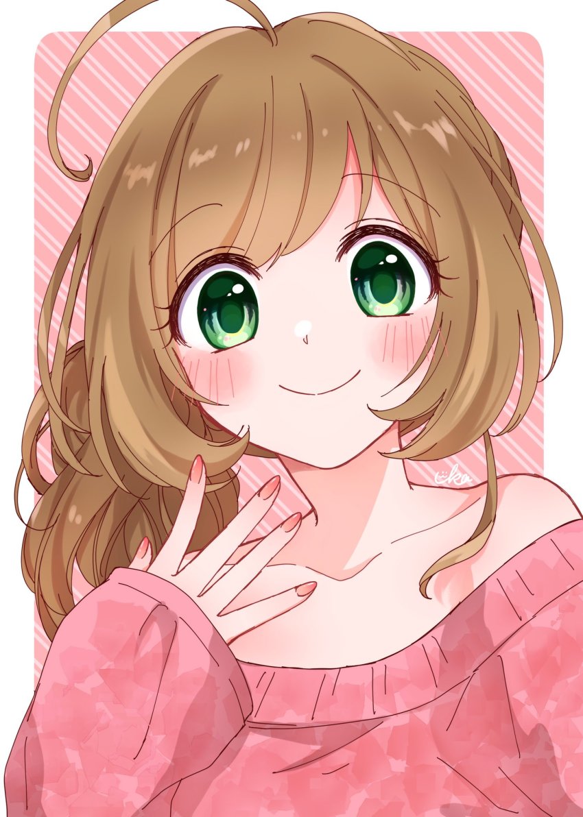1girl ahoge alternate_costume bare_shoulders blush blush_stickers brown_hair collarbone green_eyes highres idolmaster idolmaster_cinderella_girls long_sleeves looking_at_viewer nail_polish off_shoulder outside_border pink_sweater sato_shin shirt side_ponytail simple_background sleeveless sleeveless_shirt sleeves_past_wrists smile solo sweater uika310p upper_body