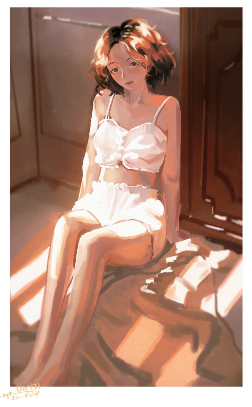 1girl bare_arms bare_legs bare_shoulders barefoot bathroom bloomers border bra brown_eyes brown_hair chinese_commentary closed_mouth collarbone commentary_request dated expressionless full_body high-waist_panties highres indoors lipstick long_hair looking_at_viewer makeup midriff one-hour_drawing_challenge original ponytail red_lips sanshui_guantang signature sitting solo spaghetti_strap sunlight towel underwear white_bloomers white_border white_bra