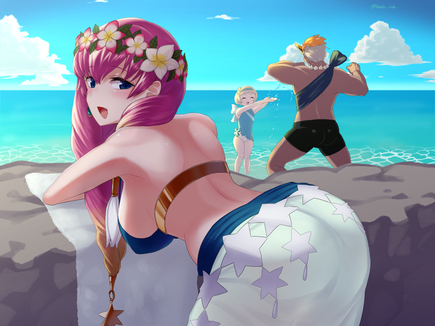 1boy 2girls :d absurdres arched_back arms_up back bare_arms bare_shoulders beach bent_over bikini black_shorts blade_ride blue_bikini blue_eyes blue_one-piece_swimsuit blue_sky blunt_bangs breasts cloud cowboy_shot dark-skinned_male dark_skin day earrings fire_emblem fire_emblem_heroes flower flower_necklace flower_wreath gunnthra_(fire_emblem) gunnthra_(summer)_(fire_emblem) hair_between_eyes hair_flower hair_ornament hanging_breasts helbindi_(fire_emblem) helbindi_(summer)_(fire_emblem) highres horizon jewelry large_breasts legs_apart light_blush long_hair looking_at_viewer looking_back multicolored_hair multiple_girls muscular muscular_male necklace nintendo ocean one-piece_swimsuit open_mouth orange_hair outdoors pink_hair sarong short_hair shorts sky smile standing star_(symbol) star_print strap_gap swimsuit towel twitter_username very_short_hair water white_hair white_sarong ylgr_(fire_emblem) ylgr_(summer)_(fire_emblem)