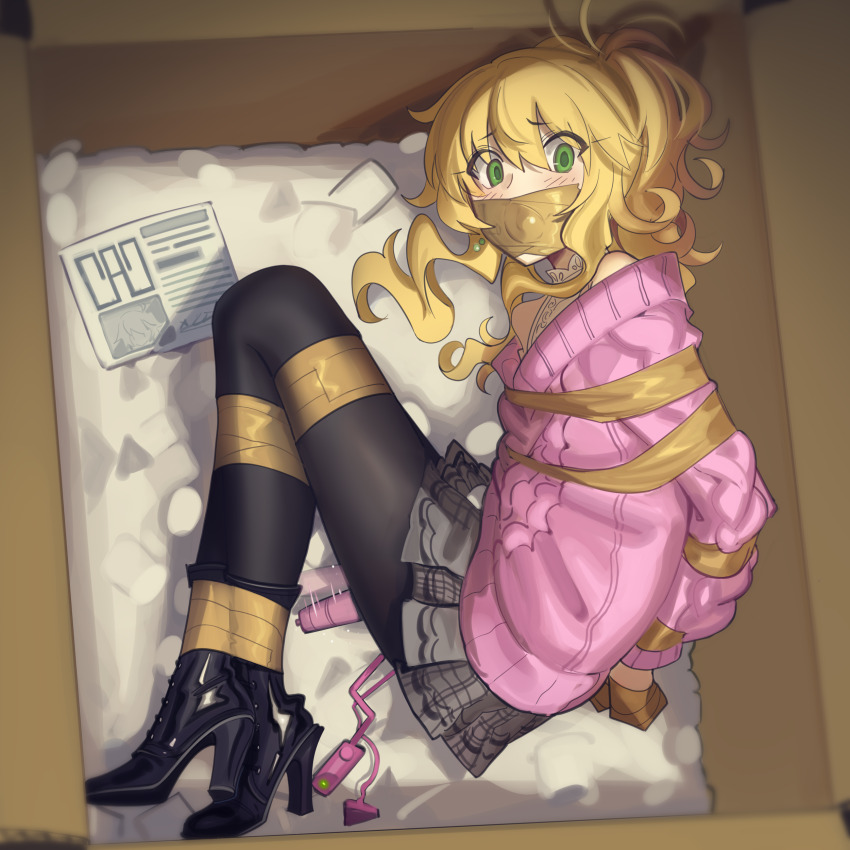 1girl absurdres arms_behind_back ball_gag bare_shoulders bdsm black_pantyhose blonde_hair blush bondage boots bound bound_ankles bound_arms bound_legs bound_wrists box cad_(caddo) egg_vibrator female_focus forced_orgasm gag gagged green_eyes high_heel_boots high_heels highres hitachi_magic_wand hoshii_miki idolmaster improvised_gag in_box in_container long_hair looking_at_viewer lying on_side pantyhose pink_sweater pleated_skirt ponytail restrained sex_toy shibari shibari_over_clothes shirt skirt sleeveless sleeveless_shirt solo sweater tape tape_bondage tape_gag taped_arms taped_hands variant_set vibrator vibrator_under_clothes