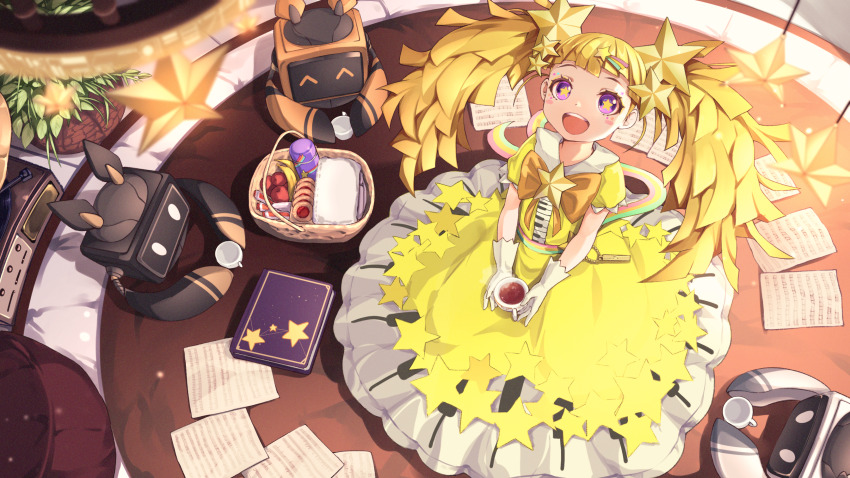 1girl apple blonde_hair blunt_bangs blush_stickers book bow bowtie brooch chandelier charm_(object) circle_skirt cookie cup dress drink eyelashes facial_tattoo food frilled_skirt frills from_above fruit full_body gloves hair_ornament happy highres holding holding_drink jewelry kneeling lace-trimmed_sleeves lace_trim light_particles long_dress long_hair looking_at_viewer multicolored_sash multiple_tattoos napkin open_mouth orange_bow orange_bowtie piano_print picnic_basket puffy_short_sleeves puffy_sleeves purple_eyes radio rainbow_sash robot sailor_collar sash sheet_music shooting_star_hair_ornament short_sleeves skirt smile solo star-shaped_pupils star_(symbol) star_brooch star_hair_ornament star_tattoo symbol-shaped_pupils taka.yana takt_op. tareme tattoo tea teacup teeth thermos twintails upper_teeth_only very_long_hair waist_sash white_gloves white_sailor_collar yellow_pupils