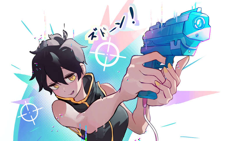 1girl aiming bare_arms black_hair black_shirt breasts crosshair dark-skinned_female dark_skin finger_on_trigger highres holding holding_water_gun kurobe_natsumi large_breasts mo0o0rae parted_lips senpai_ga_uzai_kouhai_no_hanashi shirt short_hair sleeveless sleeveless_shirt smile solo translation_request upper_body water_gun weapon white_background yellow_eyes